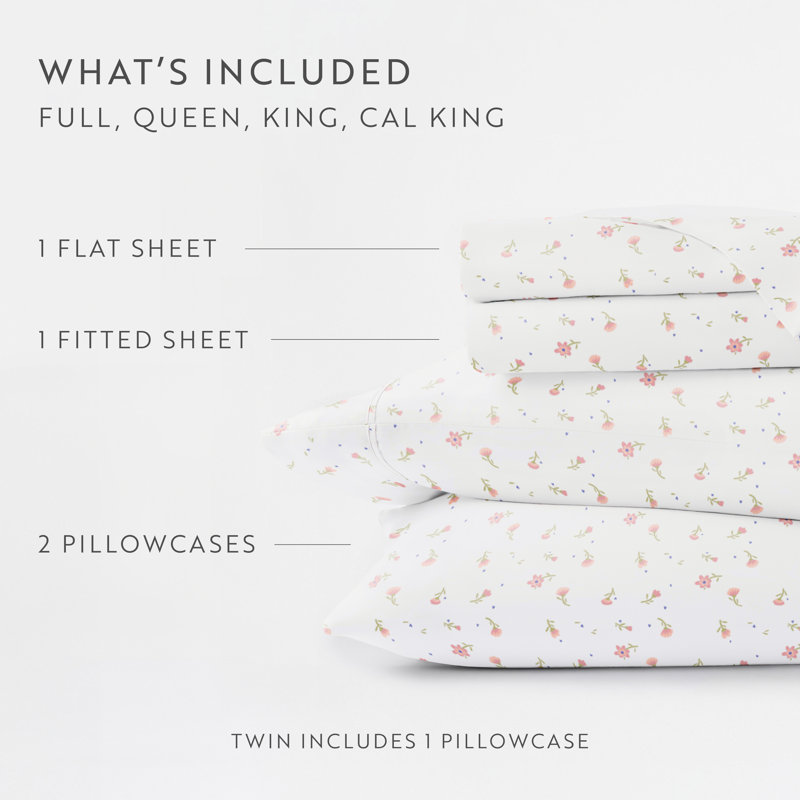 Soft Floral Pattern 4 Piece Microfiber Sheet Set, Cal.King Sheet Set + 1 Fitted Sheet + 2 Pillowcase, Pink