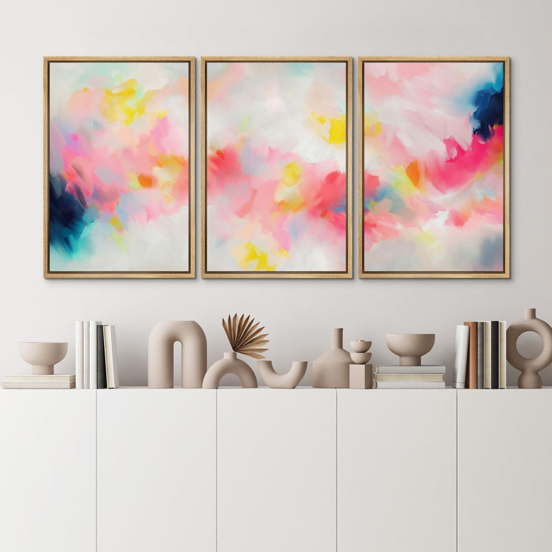 Motif de coups de pinceau dynamique et abstrait pastel éclatant en rose, jaune, bleu et blanc, Naturel, H 36 po x l 24 po