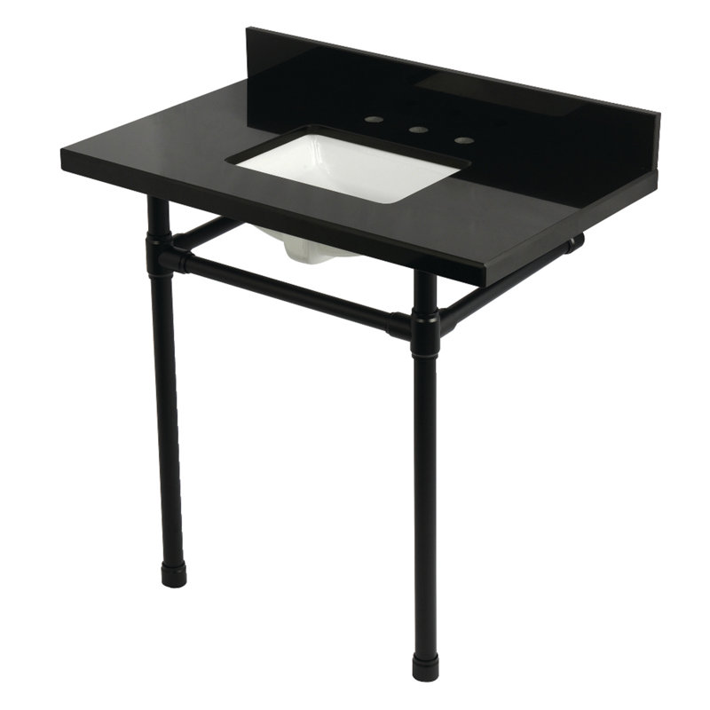 Kingston Brass Dreyfuss 36-Inch Black Granite Console Sink with Stainless Steel Legs (8-Inch, 3-Hole), Matte Black