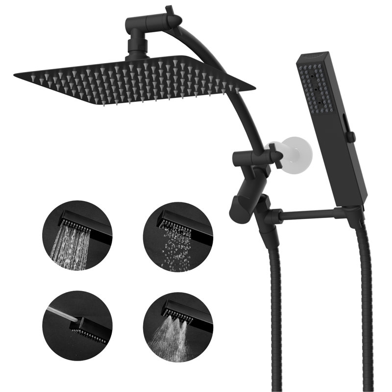 Certified High pressure metal 10-inch rainfall shower head/ handheld shower combo, 4-setting handheld sprayer, 12-inch curved adjustable extension arm, 71-inch stainless steel shower hose, handheld shower holder, Matte Black