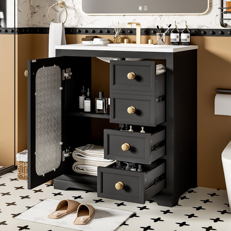 Meuble-lavabo de 30 pouces avec porte en verre à fermeture en douceur, tablettes réglables et trois tiroirs