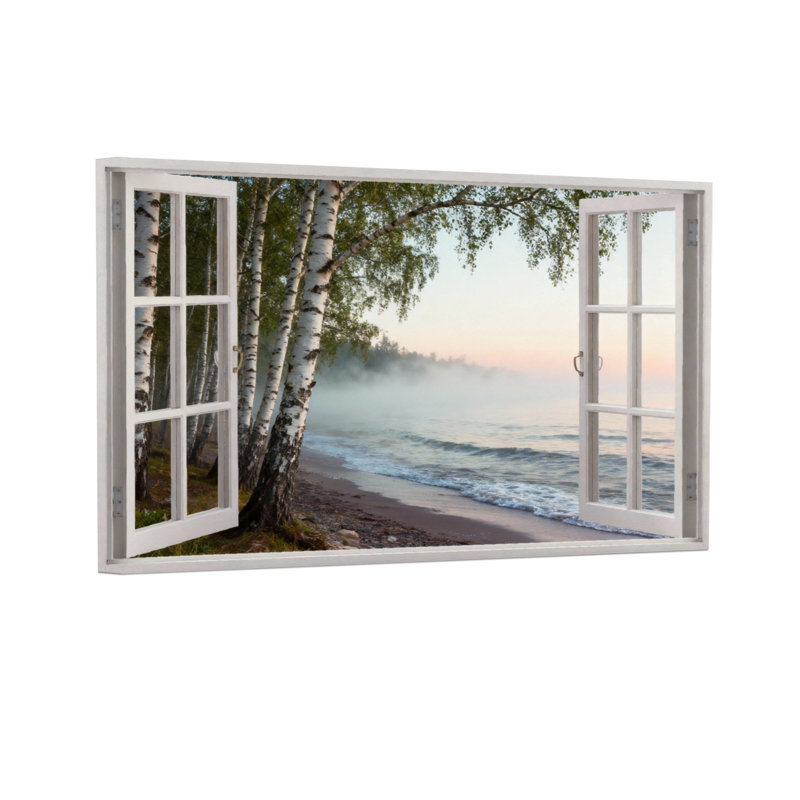 Paysage, nature, fenêtre, lac, bouleaux, coucher de soleil, plage, H 24 po x l 36 po