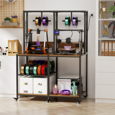 Support d'imprimante 3D double amélioré avec rangement pour filament, banc de table d'imprimante 3D à cadre métallique robuste, support de filament de type T, roues verrouillables, support d'imprimante mobile ou fixe pour la maison et l'atelier