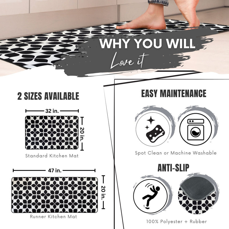Martha Black and White Geometric Tile Design Kitchen Mat