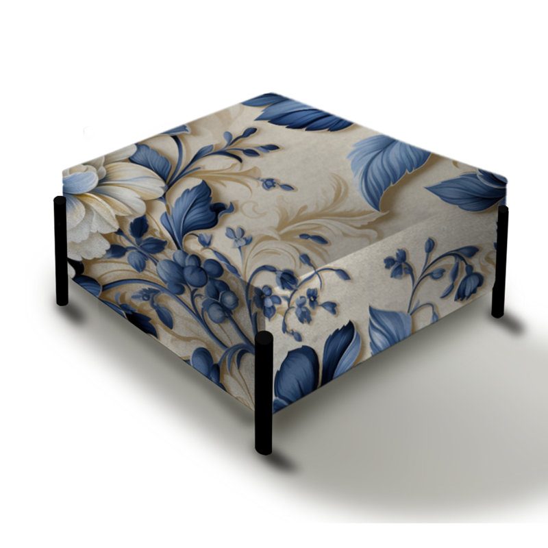Victorien bleu et blanc fleurs damassées I - grand repose-pieds carré damassé
