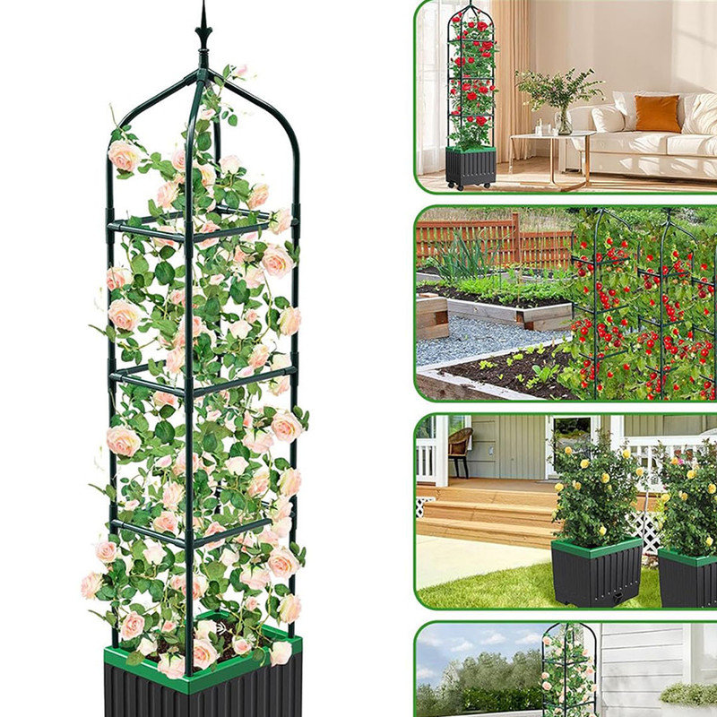 Raised Garden Bed Planter Boxes with Trellis, 70.9" Wheeling Self-Watering Tomato Planter Boxes with Trellis (Black)
