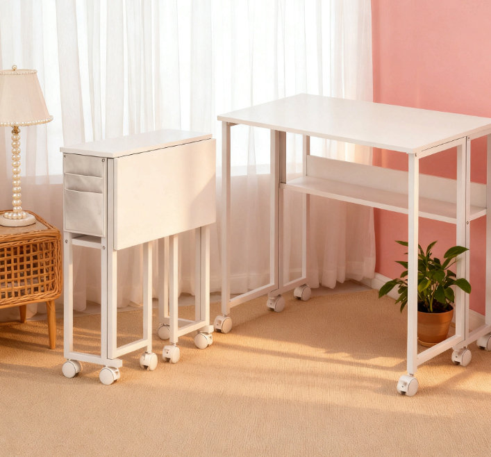 Folding Computer Desk,With Storage Bag, Shelf And Wheels For Small Spaces, Home Office, White