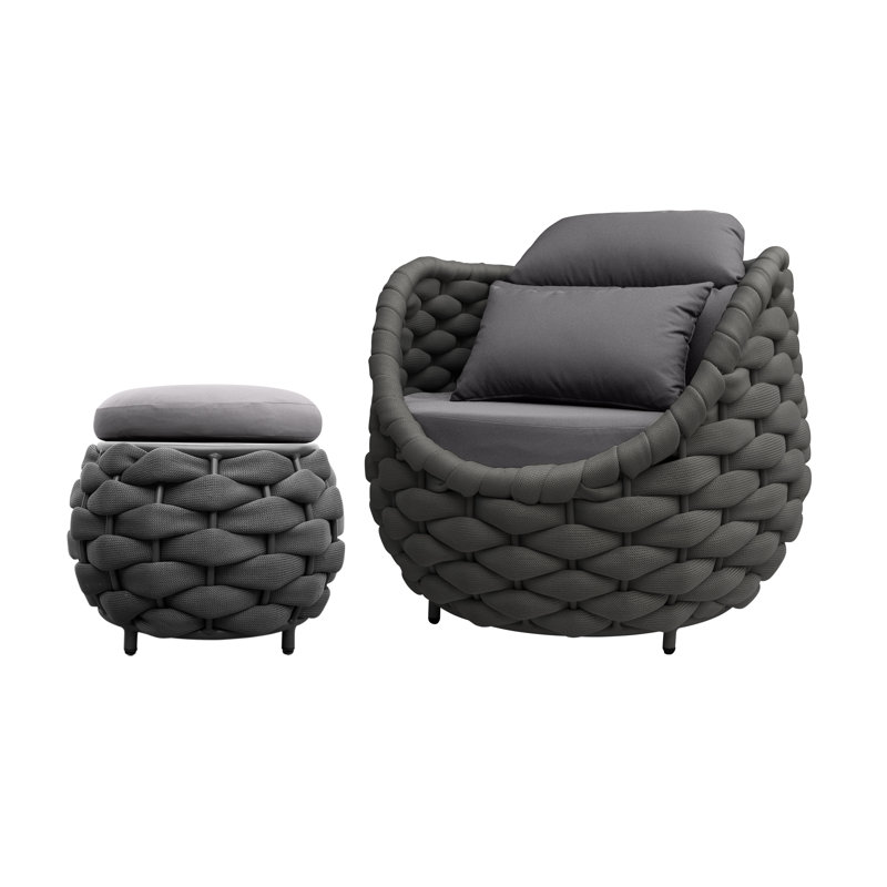 Chaise longue d'extérieur en osier avec repose-pieds, Corde en polyester gris foncé