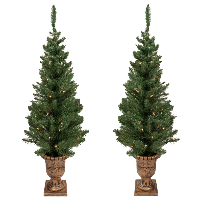 Pre-Lit Potted Porch Pine Topiary Slim Artificial Christmas Trees 4' - Clear Lights