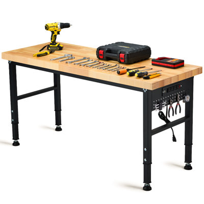Table de travail robuste en bois massif, table de travail réglable avec multiprise et panneau perforé pour garage