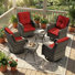 Ensemble de 6 chaises berçantes pivotantes en osier avec coussins rouges et tables basses