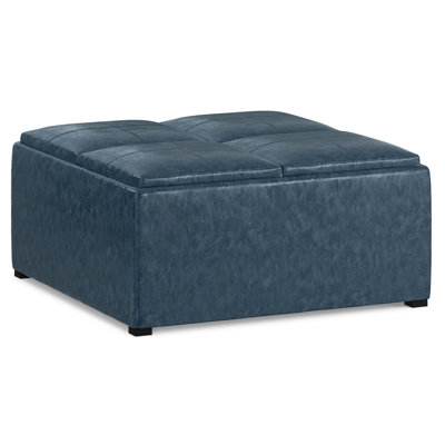 Avalon 35"W Upholstered Vegan Leather Modern Square Coffee Table Storage Ottoman with 4 Flip-Over Trays