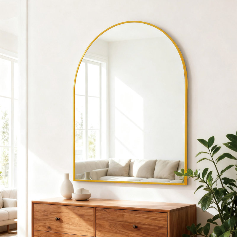 Miroir mural de salle de bain arqué en métal doré 30 po x 36 po - Verre HD de 4 mm, aluminium rouillé, crochets renforcés en aluminium, installation incluse