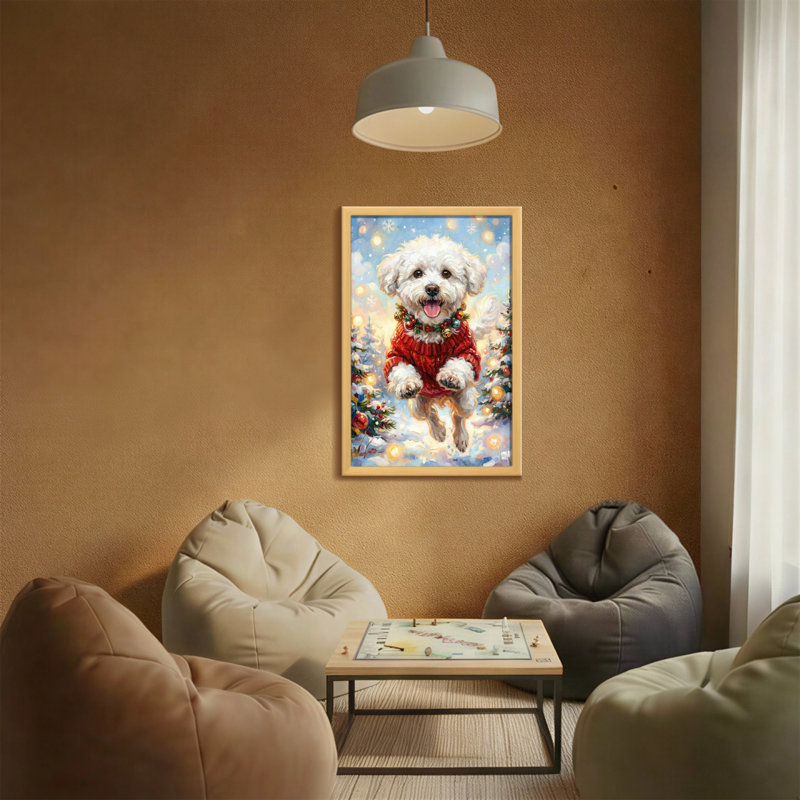 Animaux, chien de Noël en chandail rouge sautant, H 18 po x l 12 po