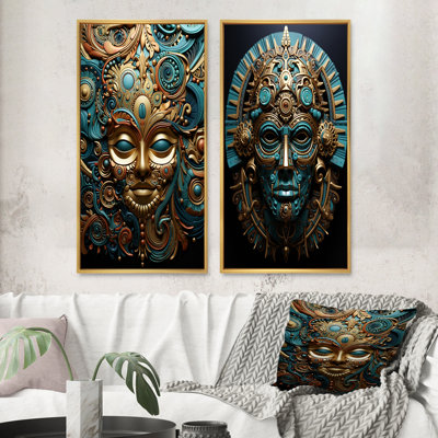 " Gold Teal Mexico Vibrant Aztec Mask " 2 - Pieces
