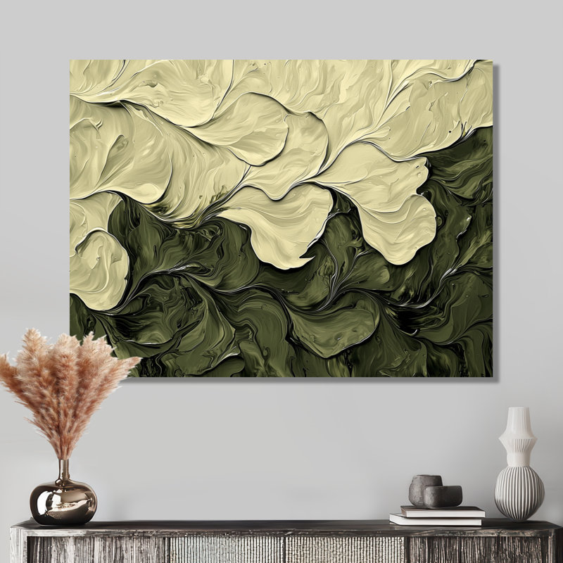 Jacovian abstrait crème vert pétale danse I - abstrait grand art mural, H 24 po x l 32 po, Toile tendue, Ne s’applique pas