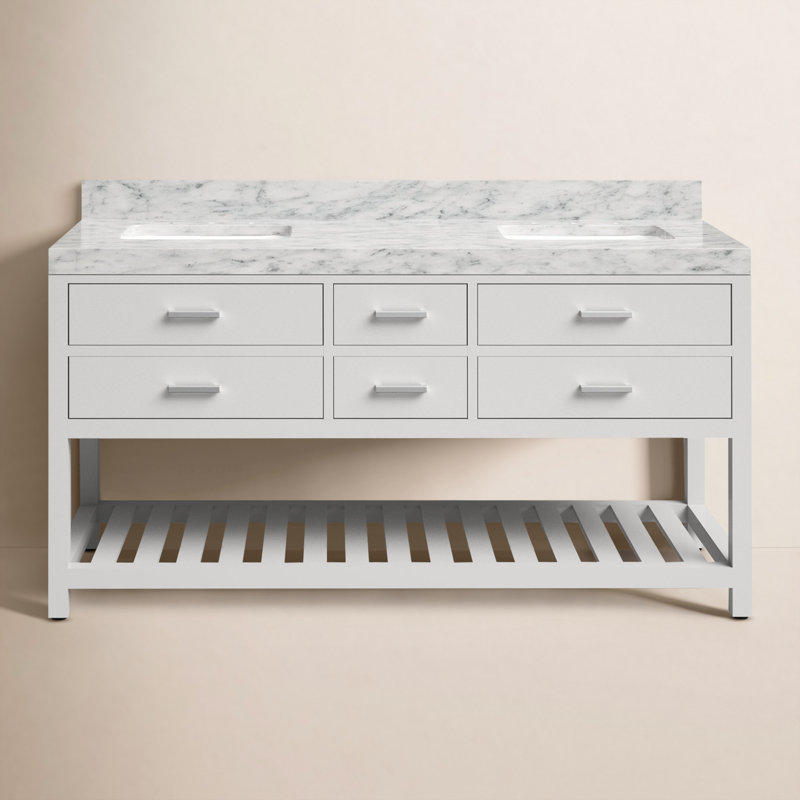 Elizabeth 60'' W Double Vanity, White/Brushed Nickel, Carrara White Marble