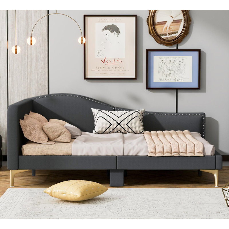 Lit de jour double rembourré avec tête de lit et accoudoirs - Pieds de soutien robustes, confort moderne, Gris