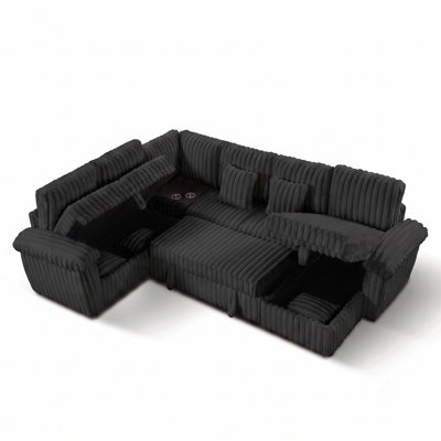 103-inch U-shaped Sectional Sofa with Storage, Pull-out Bed, Coffee Table with USB Ports & Cup Holders for Living Room