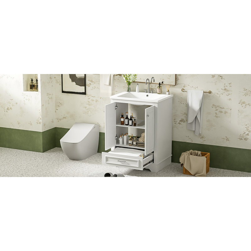 Meuble-lavabo autoportant de 24 po avec lavabo en céramique, poignées argentées, portes à fermeture douce, Argent argent, 24"