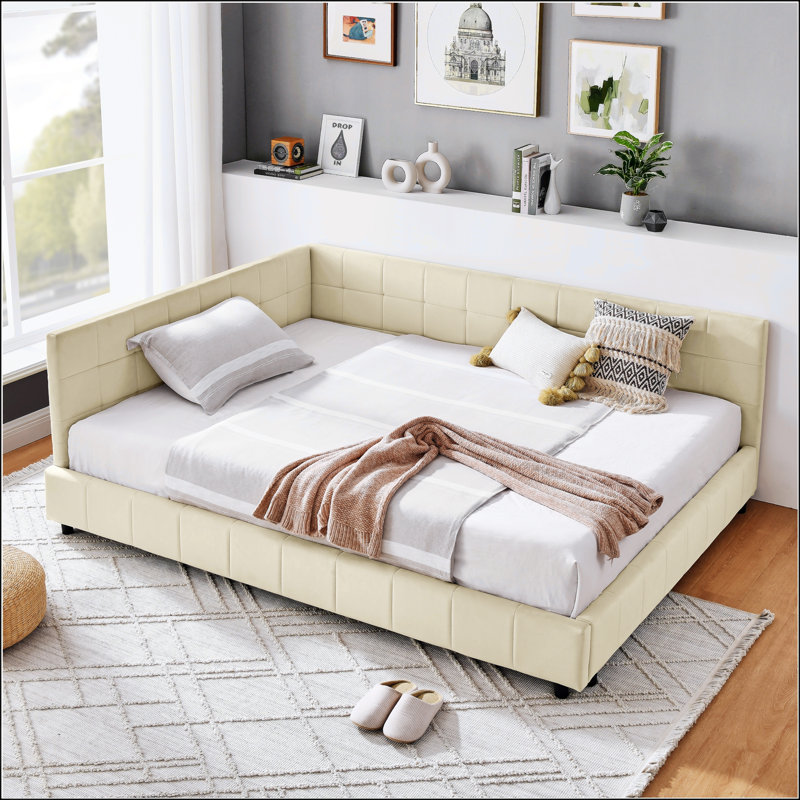 Full Size Upholstered Tufted  Bed Frame, Beige