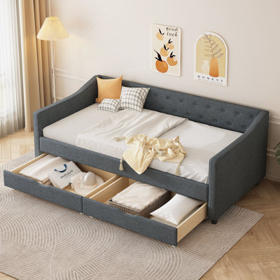 Full Size Daybed With Trundle Upholstered Tufted Sofa Bed, With Button On Back And Copper Nail On Waved Shape Arms-Beige