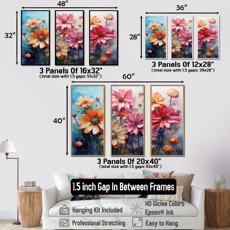 «Colorful Daisy Blossoming Abstraction III - Daisies», ensemble d'art mural sur toile, Cadre flottant doré