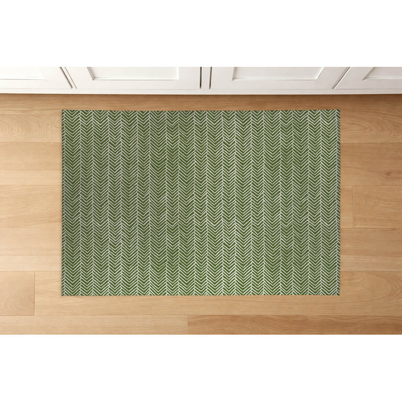 Chevron Block Low Profile Kitchen Mat, Olive Green, Rectangle 5' x 7'