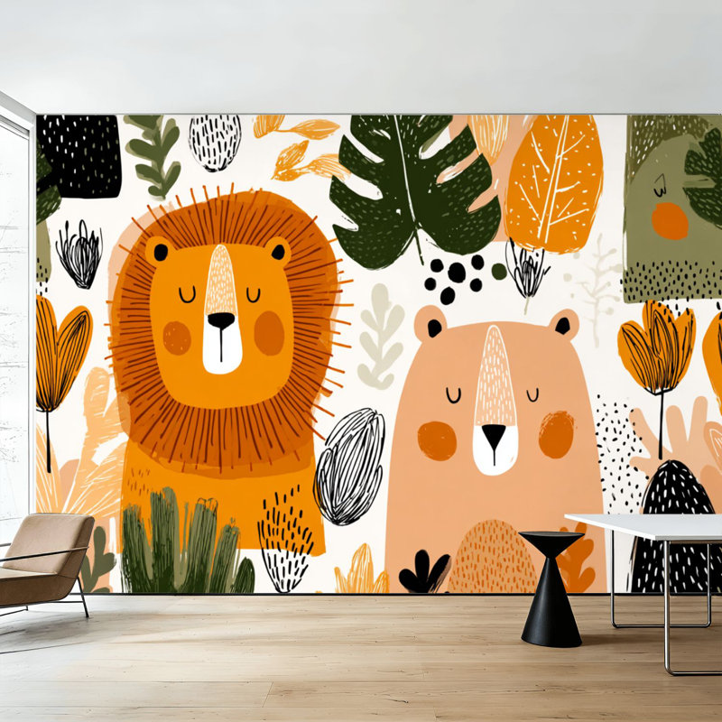 Papier peint adhésif pelez et collez, animaux de la jungle sans soudure, dessinés à la main pour les enfants, auto-adhésifs et amovibles