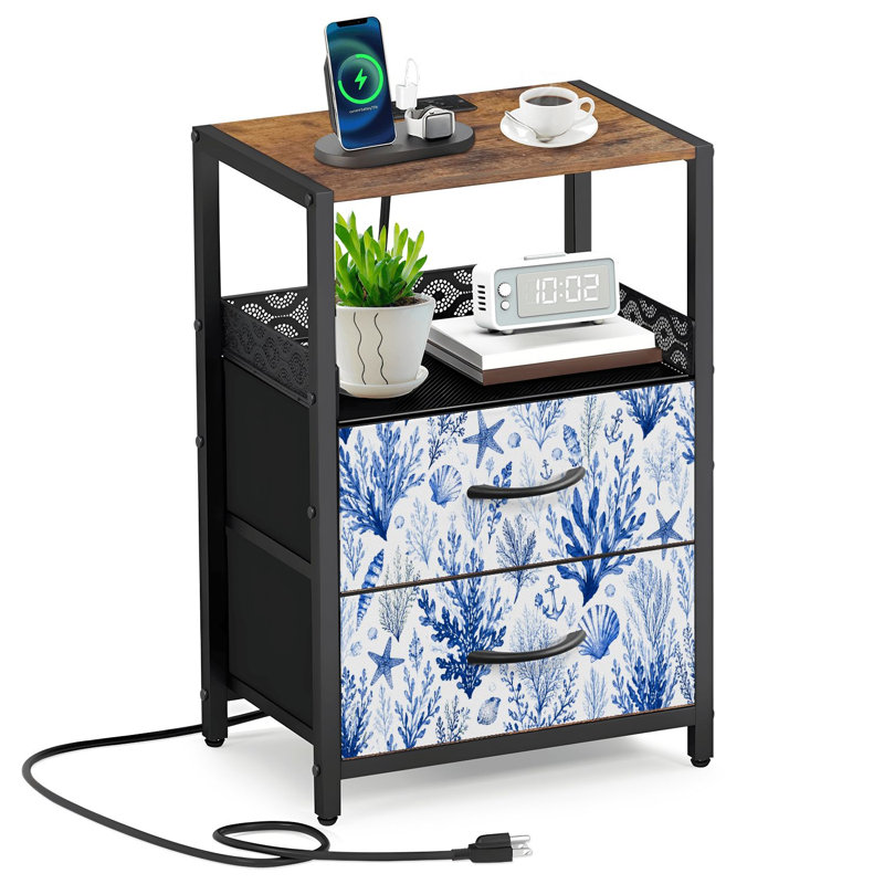 Table de chevet 2 tiroirs en tissu avec station de charge Table de chevet avec porte ouverte
