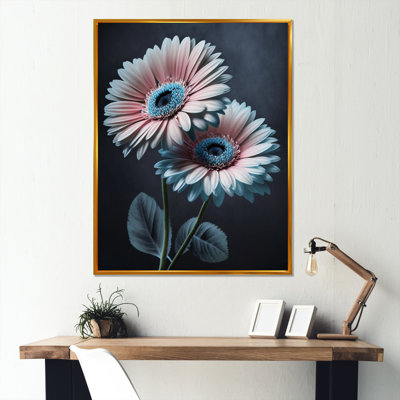 Gerbera hyperréaliste rose et fleurs bleues II - reproduction sur toile