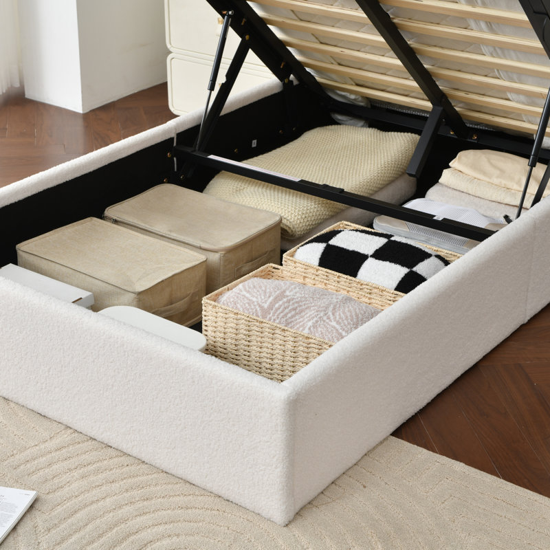 Lit plateforme tapissier Bensu Boucle, Simple, Blanc