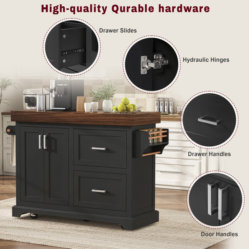 53" Large Kitchen Island With Drawers, Black