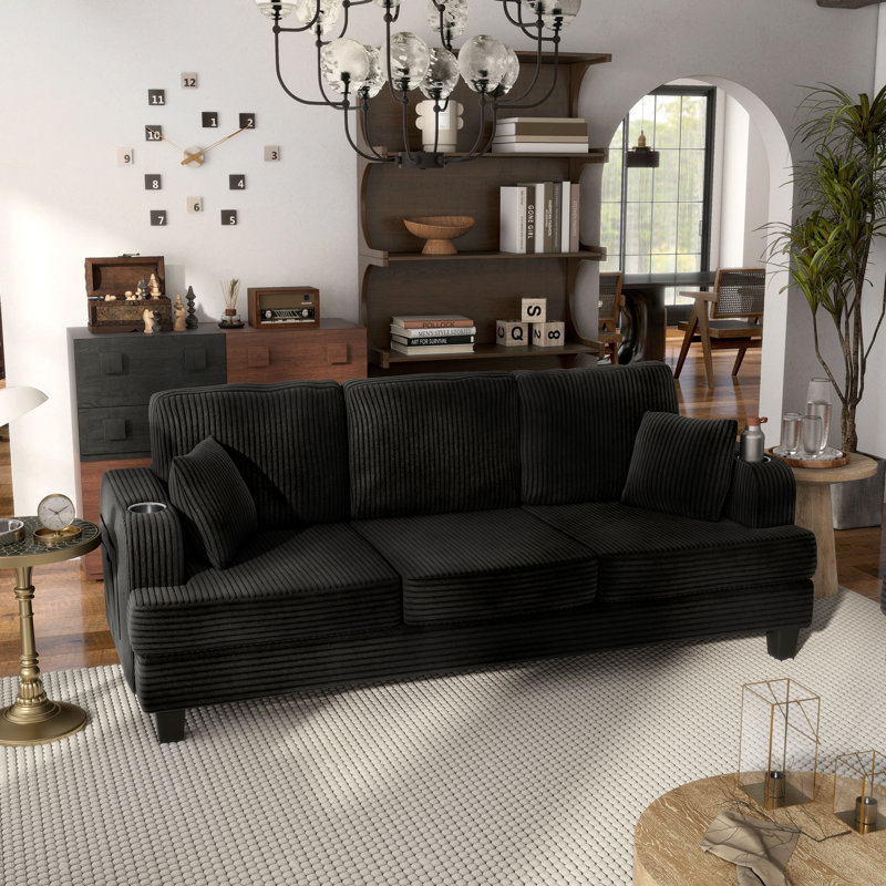 Luka Chenille Sofa With Cup Holders And Usb Ports, Black, 35.3" H x 84.3" W x 34" D