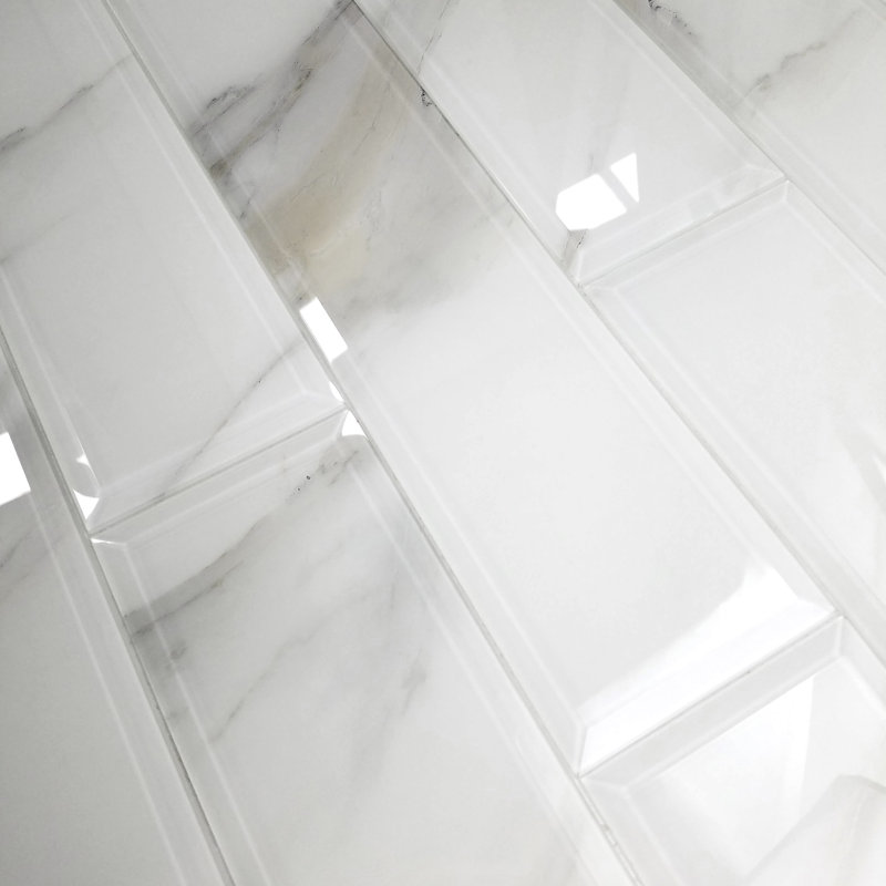 Nature 4 in. x 16 in. Marble Look Glass Beveled Large Format Subway Decorative Kitchen & Bathroom Wall Tile, Calacatta White