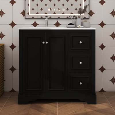 Meuble-lavabo sur pied 36 po avec lavabo en céramique, 3 tiroirs, 2 portes