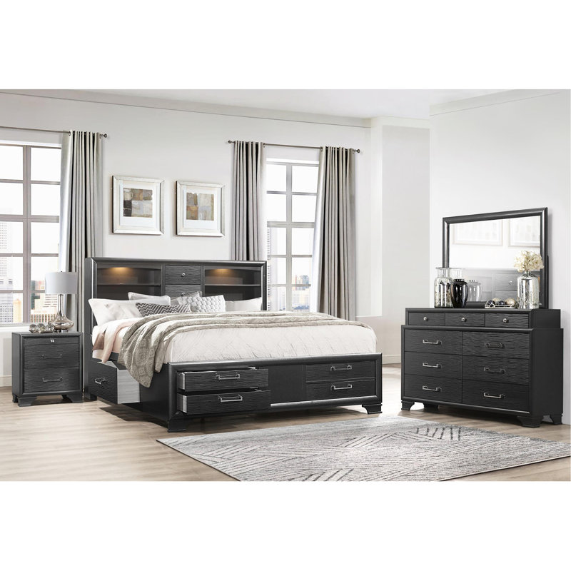 Grey Full Size Bed With Lit Bookcase Headboard, Storage Drawers, Rubberwood Frame, No Box Spring Needed And Solid Rubberwood,