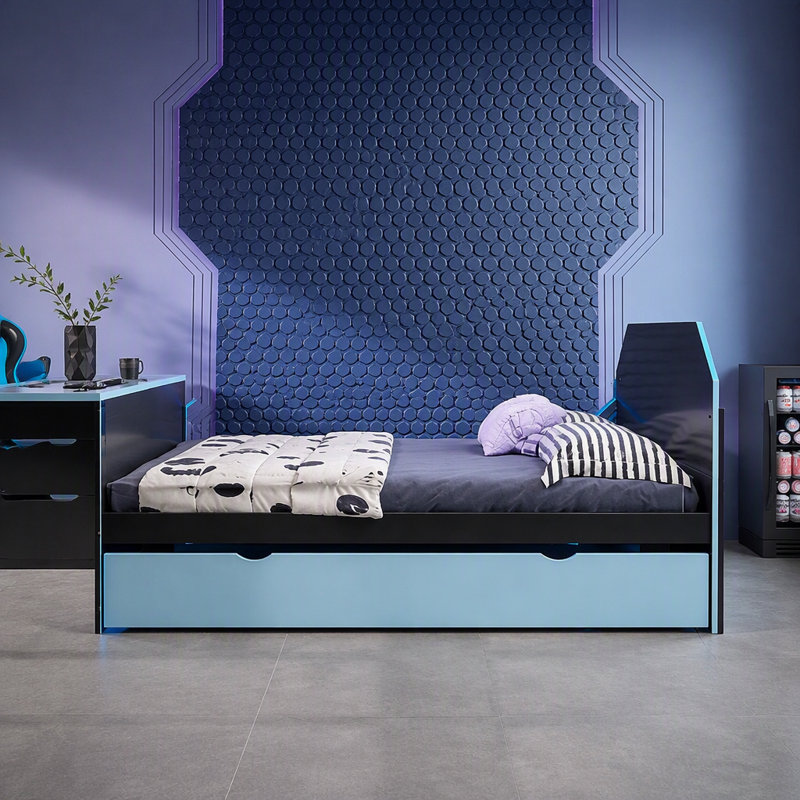 Full Size Wood Daybed With Twin Size Trundle,Desk And USB, Blue