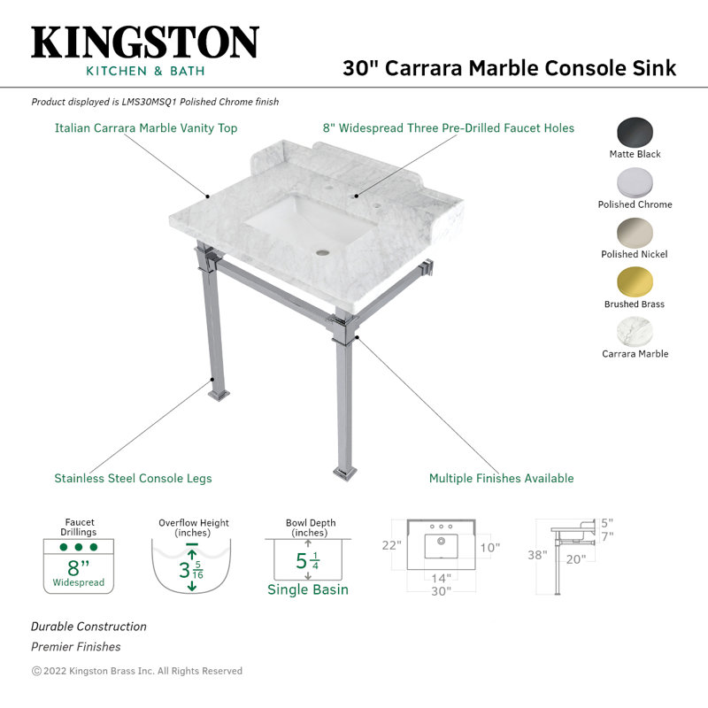 Kingston Brass Viceroy 30-Inch Carrara Marble Console Sink with Stainless Steel Legs (8-Inch, 3-Hole)