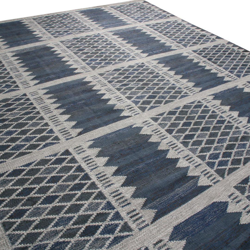 Rug & Kilim’S Scandinavian Navy Blue And Gray Art Silk Rug, Rectangle 12' x 16'