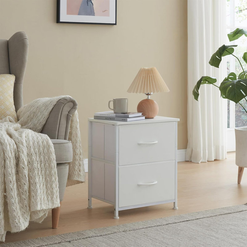 Nightstand, Small 2 Drawer Dresser Night Stand With Fabric Bins, Bedside Furniture, End Table, White