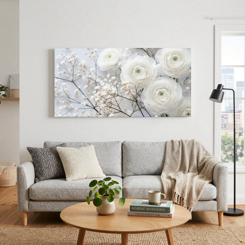 Fleurs blanches, art mural sur toile, ensemble de 1, Wrapped Canvas, L 32 po x H 16 po