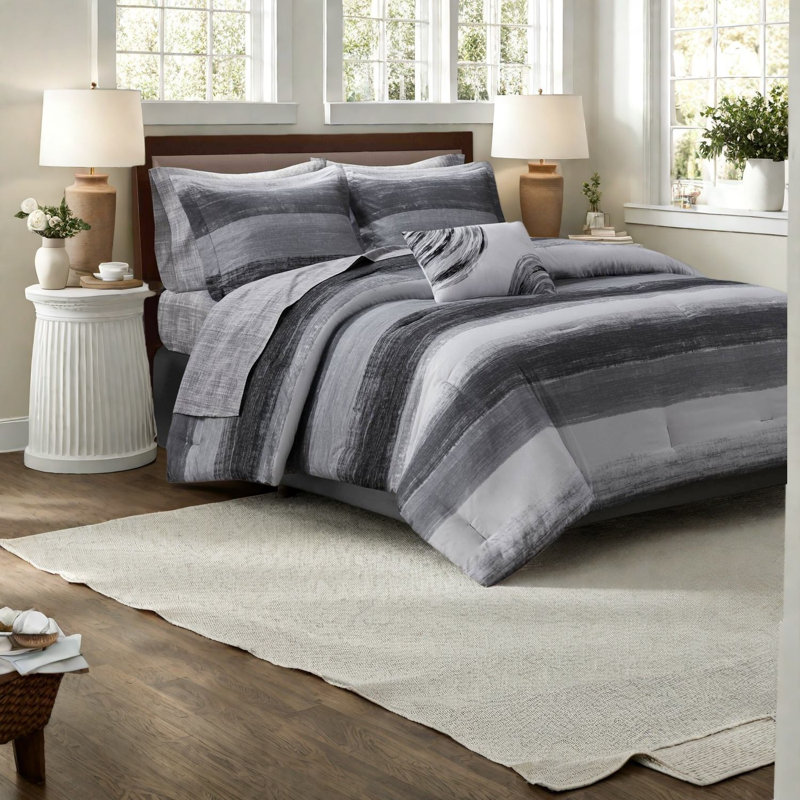 Premium Queen Microfiber Bedding Sets, Modern Black Stripe Home Comfort