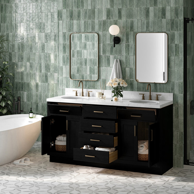 Meuble-lavabo double en bois massif 66 po avec plateau en quartz Carrara de 1,5 po Thornaby, Ovale