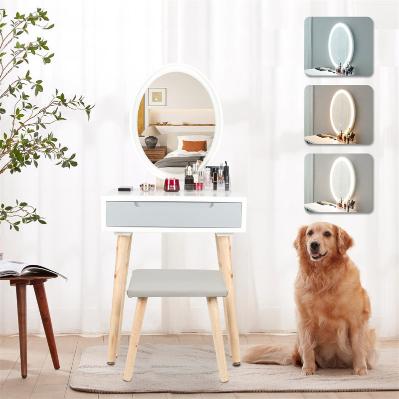 Dressing Table Set With Adjustable LED Light Mirror, 1 Drawer, Padded Stool And Free Cosmetics Organizer