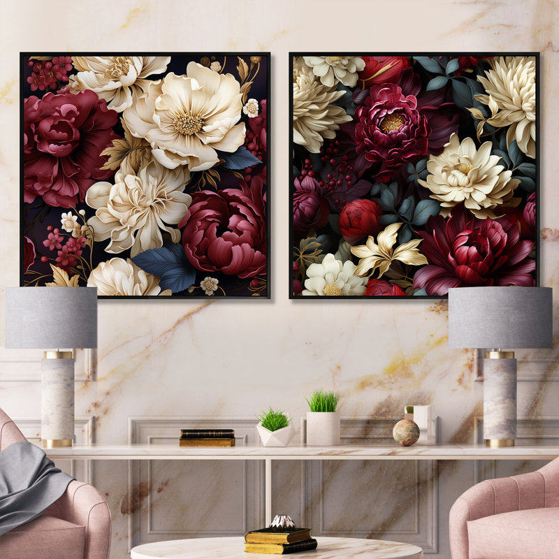 Charly - Ensemble de 2 collages carrés floraux, Cadre flottant noir, H 16 po x l 33 po