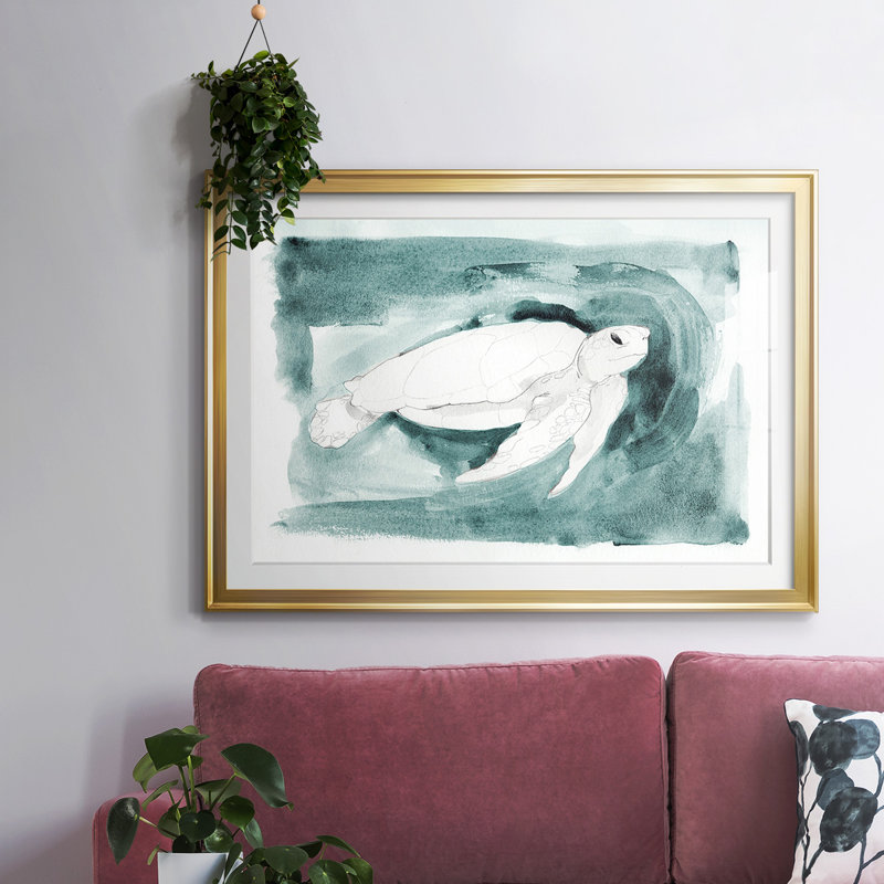 Tortue de mer "I" encadrée sur papier, Or, H 27 po x l 39 po x P 1,5 po