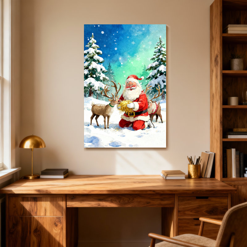 Noël père Noël avec renne dans la forêt enneigée, H 40 po x l 28 po