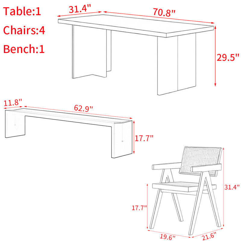 Ensemble de table de salle à manger flottante en bois massif et acrylique, H 29,5 po x L 70,8 po x l 31,4 po