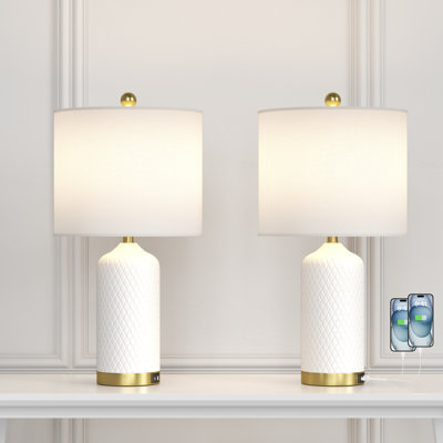 22" Modern White Ceramic Table Lamp with USB and Type-C Charging for Bedroom, Nightstand and Living Room